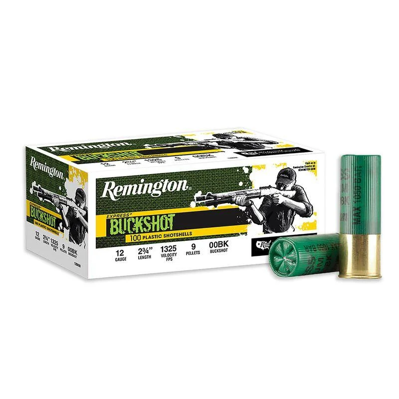 primary-26710 Remington Express Buckshot Shotshells, white and green box with two green shells