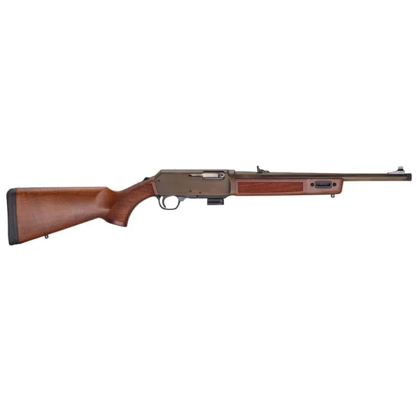 Henry Homesteader M-LOK rifle, full left-side view with brushed bronze receiver and walnut furniture