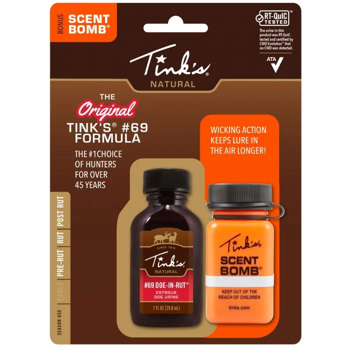 primary-26815 Dead Down Wind DBA Arcus Hunting Tink's #69, packaged bottle and orange scent bomb