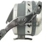 Feradyne Outdoors Muzzy XD Reel, gray reel in side view with black metal crank handle