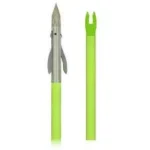 Feradyne Outdoors Muzzy Iron fish point, front and rear views with chartreuse arrow shaft
