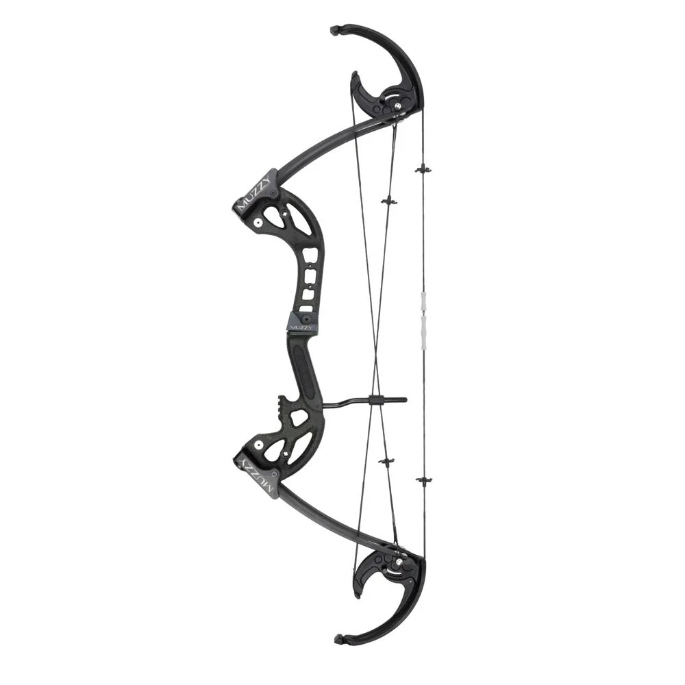 primary-26879 Feradyne Outdoors Muzzy Deviant HLC Bow RH black side view with curved limbs, cams and cables
