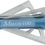 Feradyne Outdoors Muzzy 4-Blade Broadhead Standard, blue and silver side view with black tip