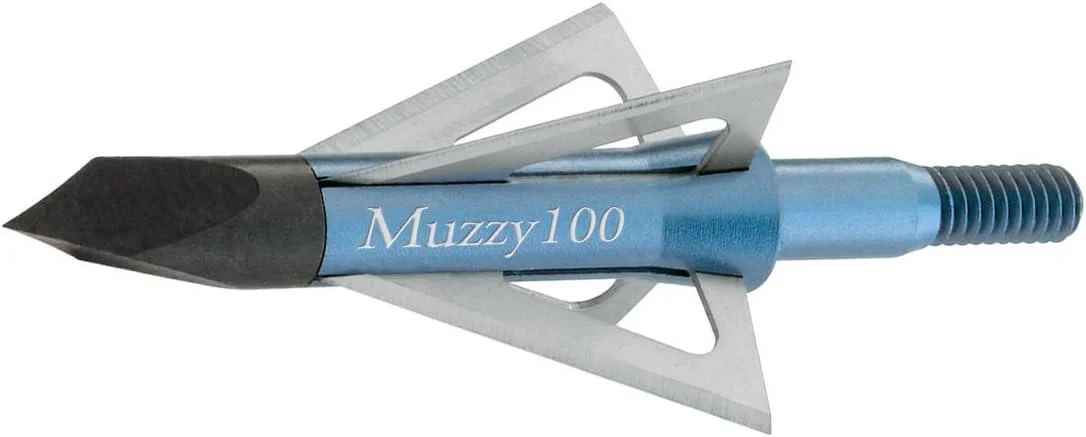 primary-26883 Feradyne Outdoors Muzzy 4-Blade Broadhead Standard, blue and silver side view with black tip