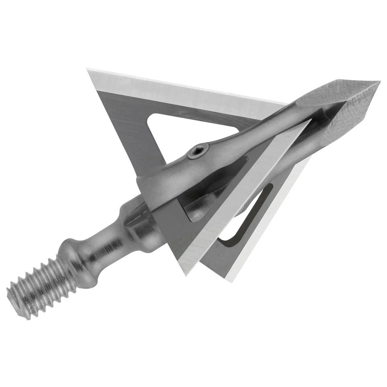 primary-26898 Feradyne Outdoors Muzzy Trocar 3-Blade Broadhead, silver side view with three exposed blades