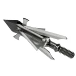 Feradyne Outdoors Muzzy Trocar HB silver and black broadhead, angled side view with four blades