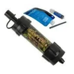 Sawyer MINI Water Filtration System, camo filter with blue pouch, straw and cleaning plunger