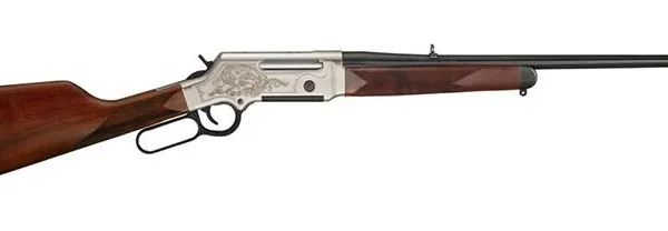 Henry Long Ranger Deluxe Engraved rifle, right-side view with walnut stock and silver receiver