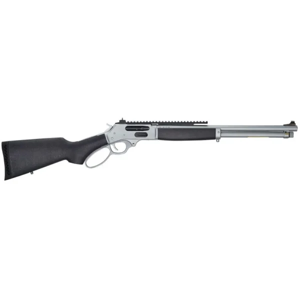 Henry All-Weather Lever Action Side Gate Rifle, right side, black stock and silver receiver and barrel