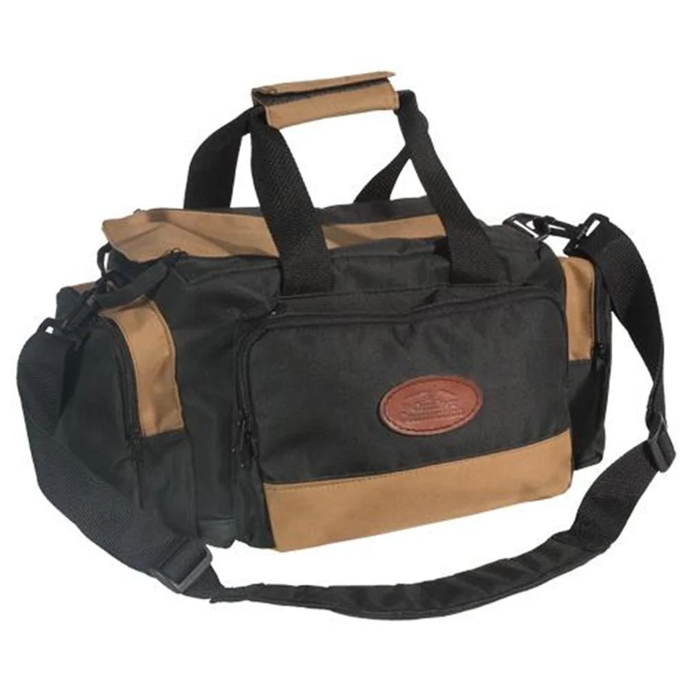 primary-26954 The Outdoor Connection Deluxe Range Bag, black and tan with handles, pockets and shoulder strap