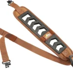 Butler Creek Featherlight brown rifle sling with black cartridge loops and metal swivels