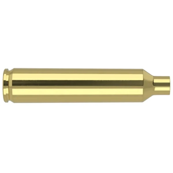 Nosler Unprimed Brass Rifle Cartridge Cases, gold brass case shown horizontally, side view