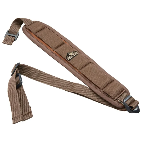 Butler Creek Comfort Stretch Rifle Sling Brown, angled view with padded section and straps