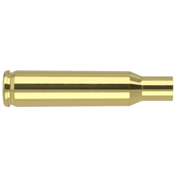 Nosler Unprimed Brass Rifle Cartridge Cases .222 Rem, single gold-tone case, side view