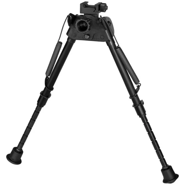 Harris S-LMP Bipod black, front angled view with extended legs and rubber feet