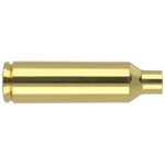 Nosler Unprimed Brass Rifle Cartridge Cases, side view of a single polished brass case