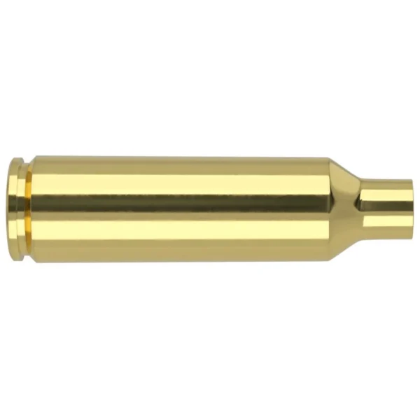 Nosler Unprimed Brass Rifle Cartridge Cases, side view of a single polished brass case