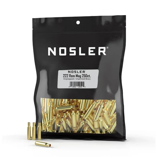 Nosler Unprimed Unprepped Brass black bulk pouch with visible brass cartridge cases
