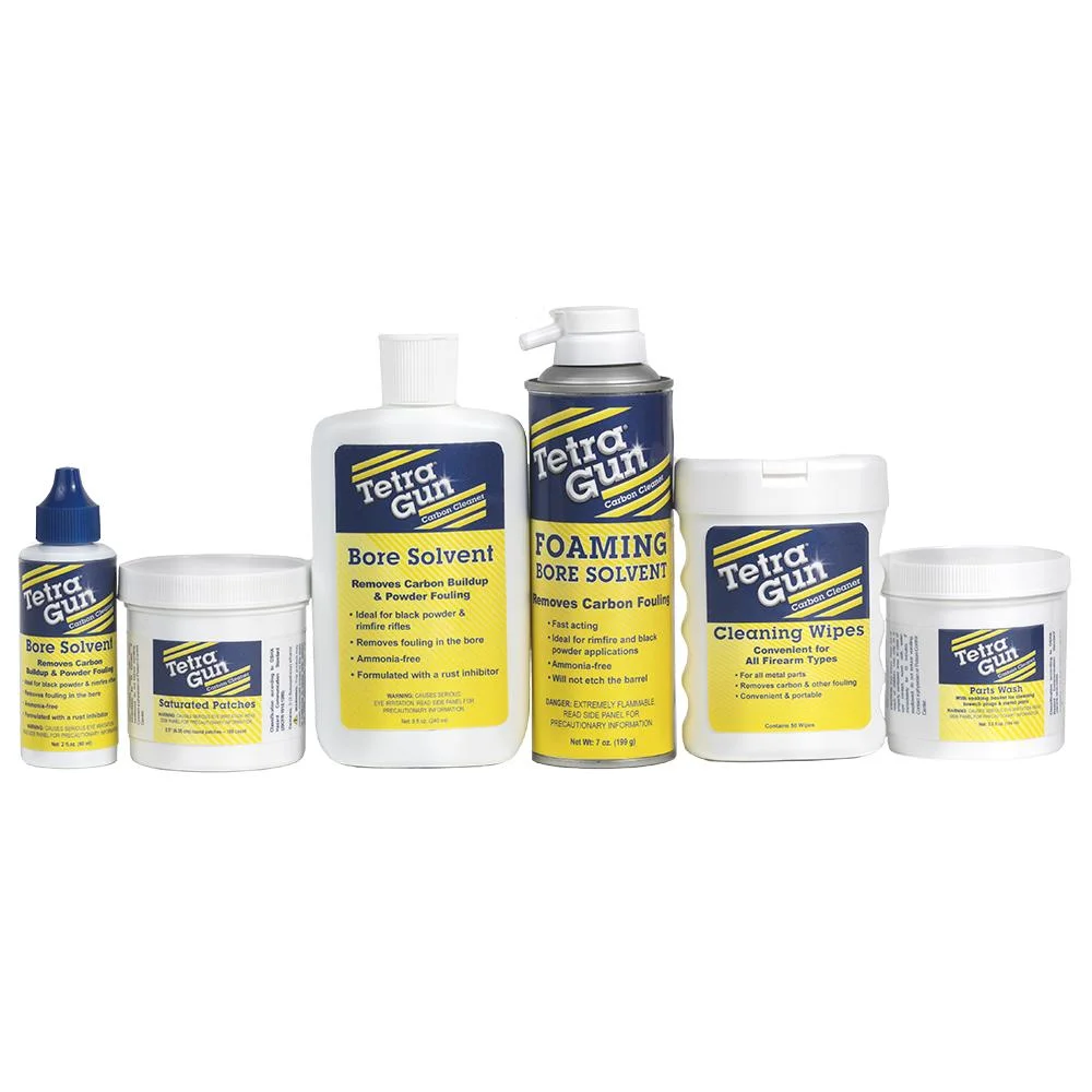 primary-27105 Tetra Gun Carbon Cleaner Wipes 50 ct, container shown among assorted Tetra Gun cleaning products