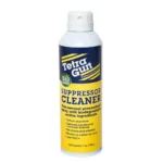 Tetra Gun Suppressor Cleaner white aerosol can with blue and yellow label, front view