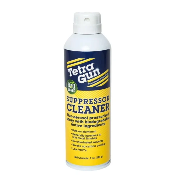 Tetra Gun Suppressor Cleaner white aerosol can with blue and yellow label, front view
