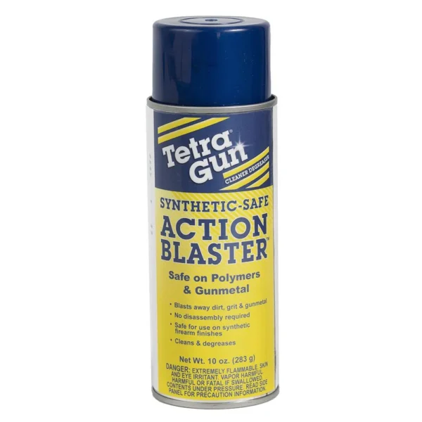 TETRA GUN ACTION BLASTER SYNTHETIC SAFE, blue and yellow aerosol can, front view