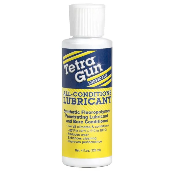 Tetra Gun Lubricant, white bottle with white cap and blue and yellow label, front view