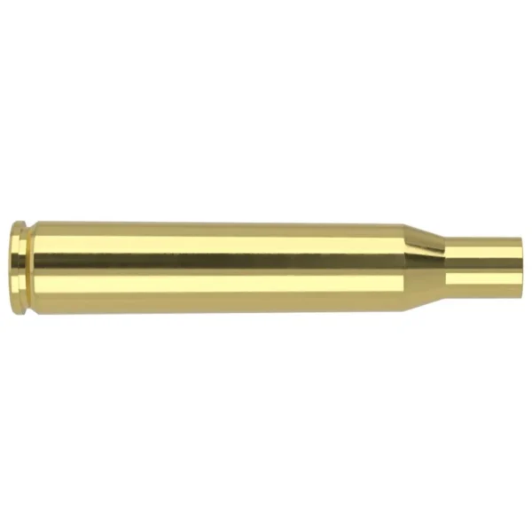 Nosler Unprimed Brass Rifle Cartridge Cases, single polished brass case in side view