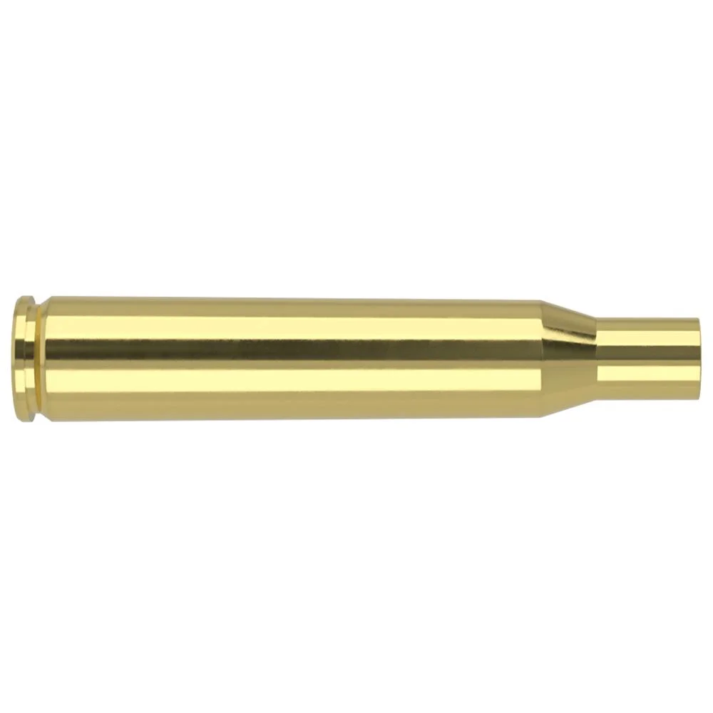primary-27142 Nosler Unprimed Brass Rifle Cartridge Cases, single polished brass case in side view