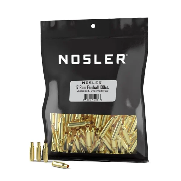 Nosler Unprimed Unprepped Brass .17 Rem Fireball cases in a black clear-front bag