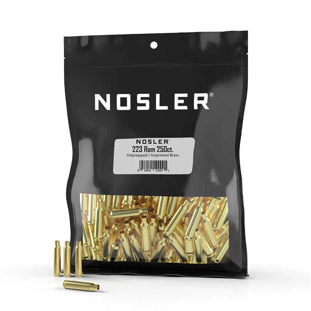 primary-27151 Nosler Unprimed Unprepped Brass Rifle Cartridge Cases, brass cases in a black bulk bag