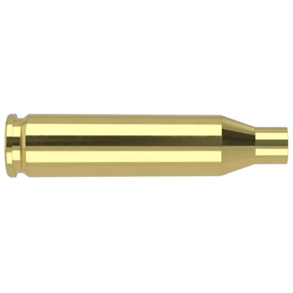 Nosler Unprimed Brass Rifle Cartridge Cases, single polished brass case in side view