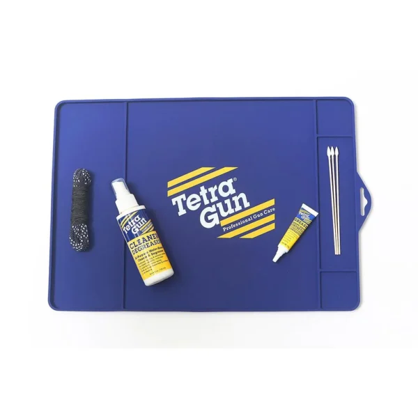 Tetra Gun Handgun Cleaning Mat, blue mat with cleaner bottle, brush, swabs and tools