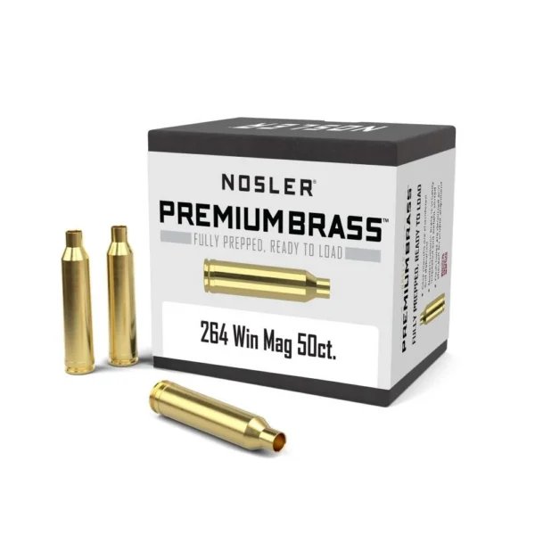 Nosler Unprimed Brass Rifle Cartridge Cases .264 Win Mag, white box with four brass cases