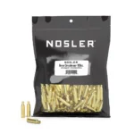 Nosler Unprimed Unprepped Brass, black bulk bag with clear window and loose brass cases, front view
