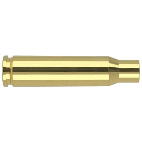 Nosler Unprimed Brass Rifle Cartridge Cases, single polished brass case in side view