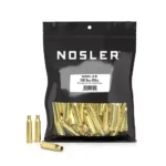 Nosler Unprimed Unprepped Brass Rifle Cartridge Cases, open black pouch with brass cases