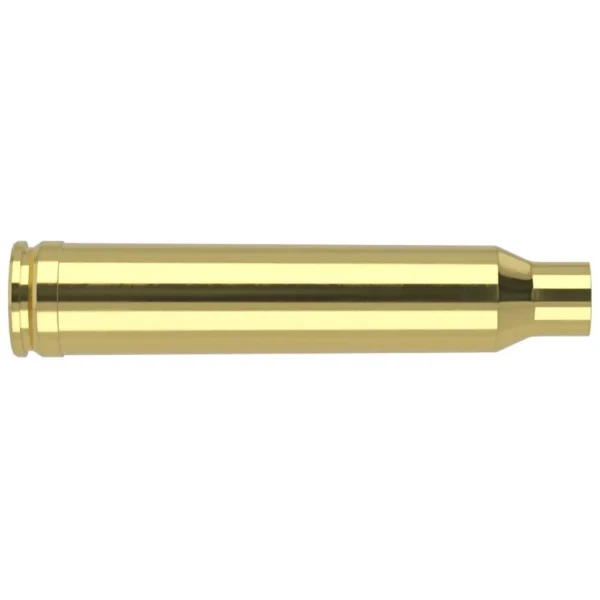 Nosler Unprimed Brass Rifle Cartridge Cases, single gold-colored case in side view