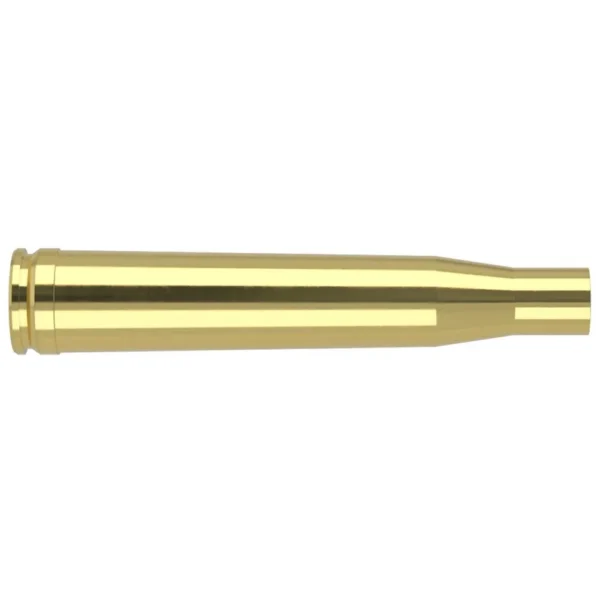 Nosler Unprimed Brass Rifle Cartridge Cases side view of a single polished brass case