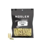 Nosler Unprimed Bulk Brass 22 Creedmoor bag with visible brass cases and three loose cases