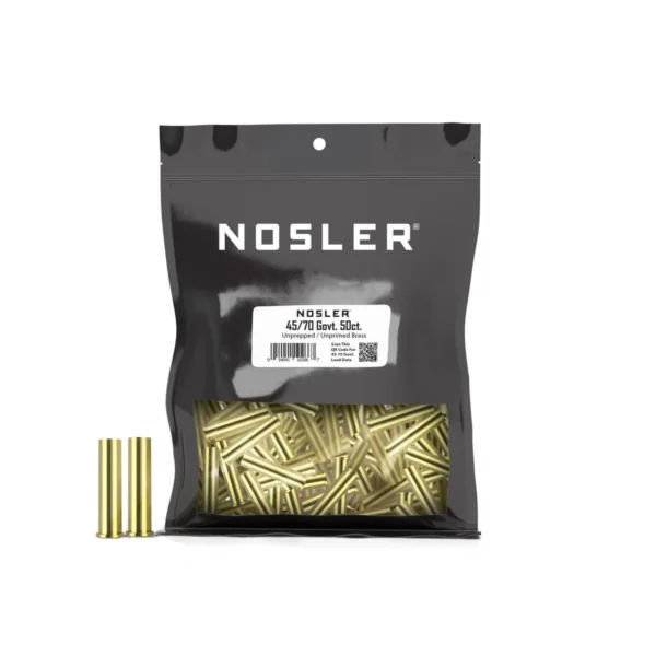 Nosler Unprimed Brass 45-70 Govt black branded bag filled with gold-tone cases and five loose cases