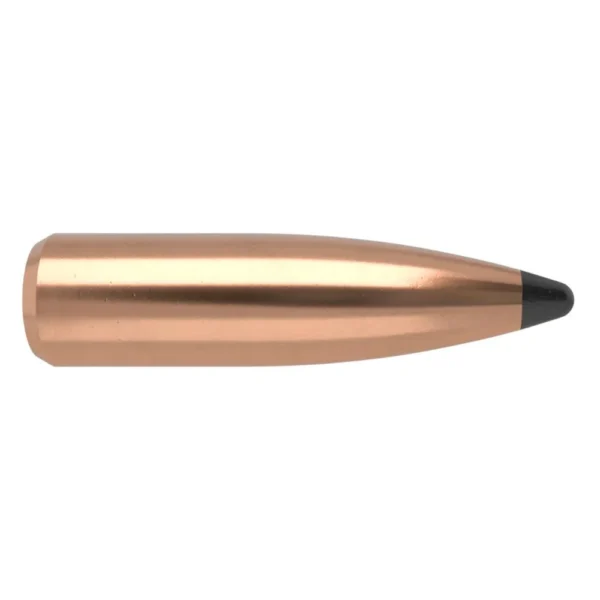 Nosler Partition Rifle Bullets, side view of copper-coloured pointed bullet with dark tip