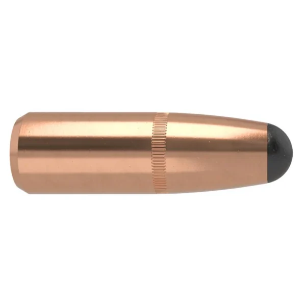 Nosler Partition copper-coloured round-nose bullet in side view with dark grey tip