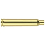 Nosler Unprimed Brass Rifle Cartridge Case, side view of a single polished brass case