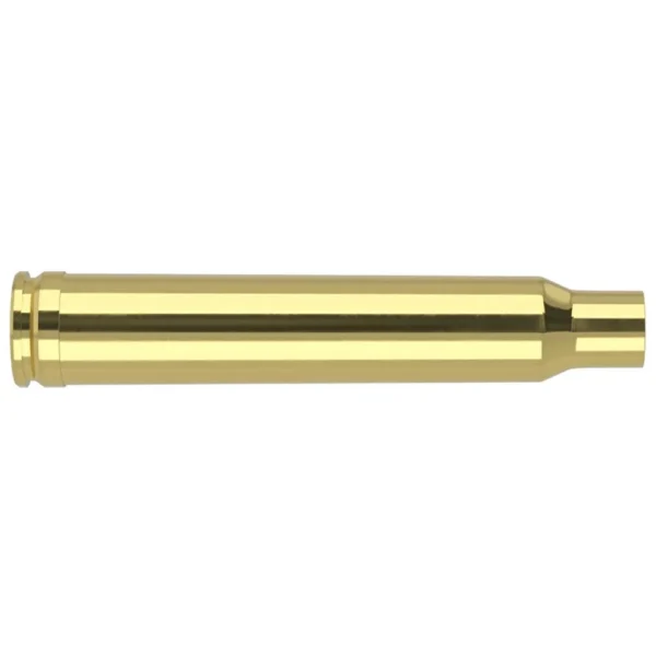 Nosler Unprimed Brass Rifle Cartridge Case, side view of a single polished brass case