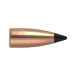 Nosler VarMageddon Rifle Bullets, copper-coloured bullet with black pointed tip, side view