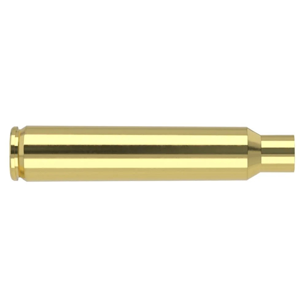 primary-27232 Nosler Unprimed Brass Rifle Cartridge Cases, single gold-tone case in side view