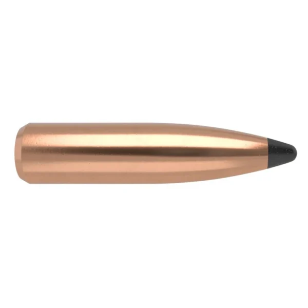 Nosler Partition Rifle Bullets, side view of copper-colored pointed bullet with dark tip