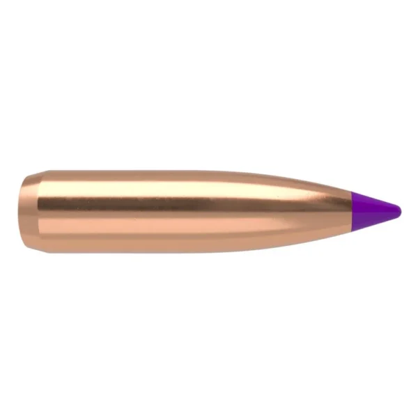 Nosler Ballistic Tip Hunting Rifle Bullets, side view of copper-colored bullet with purple tip