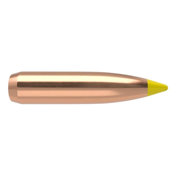 Nosler Ballistic Tip Hunting Rifle Bullets, side view of copper-colored bullet with yellow tip